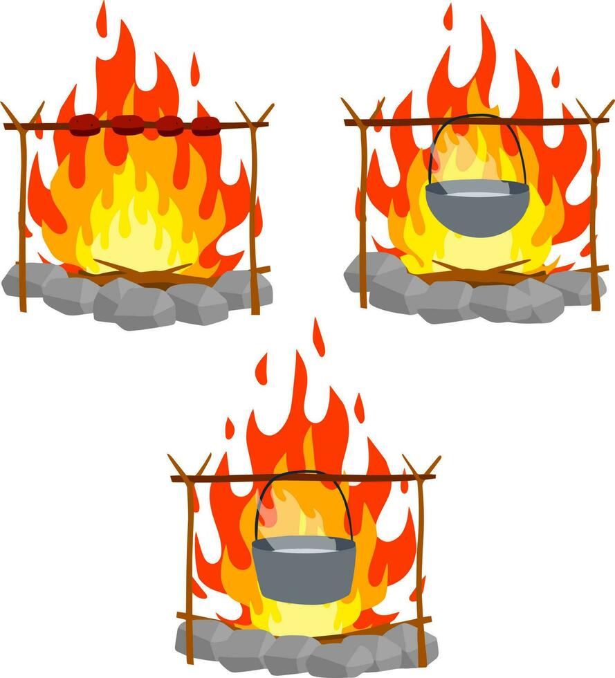 fuego con ramas y piedras dibujos animados plano ilustración. Cocinando en el campaña. hoguera con maceta. hirviendo agua y comida preparación en acampar vector