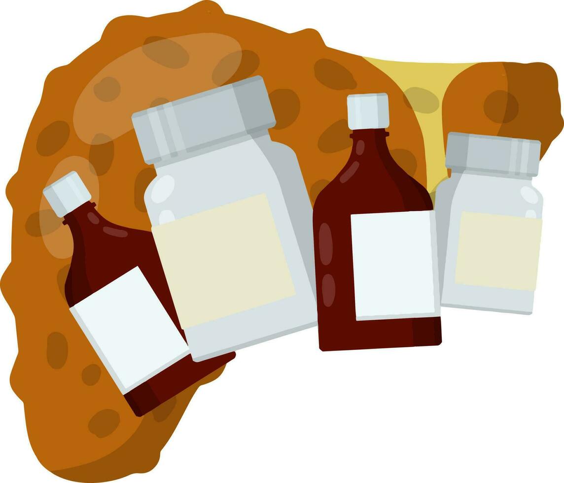 Liver and packaging of medications. Treatment of Internal organ of person. Bottle with pills and drug. Prevention of cirrhosis and hepatitis. Health and pharmacy. Cartoon flat illustration vector