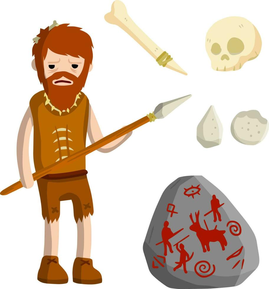 Primitive caveman. Prehistoric hunter. Stone age. Man with spear. Tribal items. Concept of history and archeology. Cartoon flat. Bone and skull vector