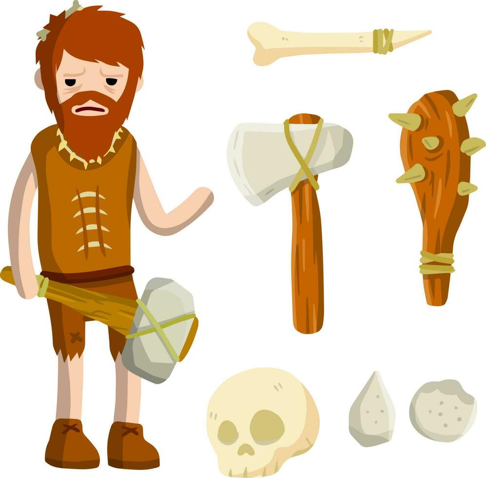 primitivo cavernícola. prehistórico cazador. Roca edad. hombre con arco y flecha. tribal elementos. concepto de historia y arqueología. dibujos animados departamento. lanza y cráneo vector