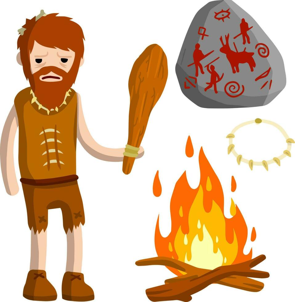 Primitive caveman. Prehistoric hunter. Stone age. Man with an axe or a hammer. Tribal items. Concept of history and archeology. Cartoon flat. Fire and skull vector