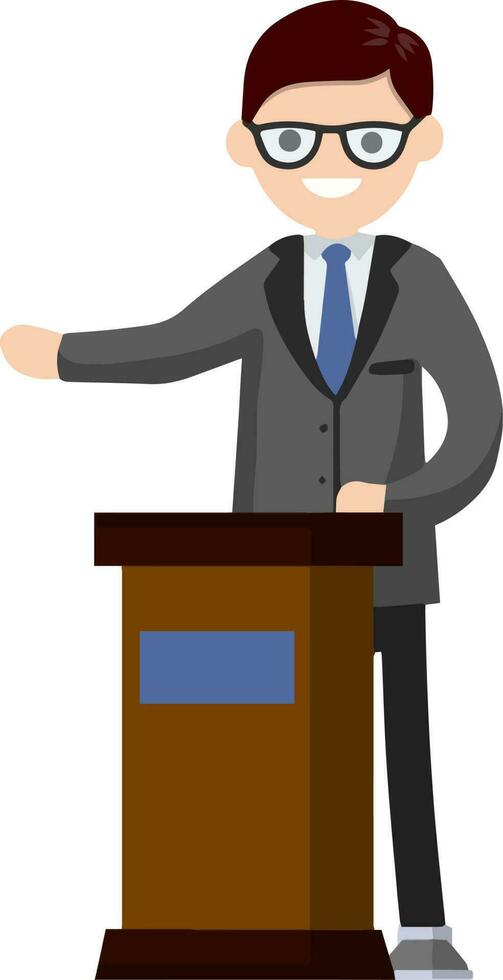 Man in the suit stay behind podium. Presidential election. Political debate. Lecturer in class. The speaker is talking. Dialogue businessman. Cartoon flat illustration vector