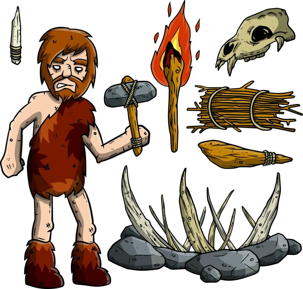 cueva primitivo hombre y armas conjunto de artículos para caza. un Roca hacha, un palo, un trampa para el mamut, antorcha, cráneo de el animal vector