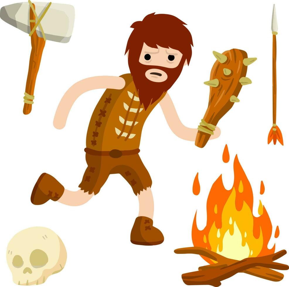 primitivo cavernícola. prehistórico cazador. Roca edad. hombre con un hacha o un martillo. tribal elementos. concepto de historia y arqueología. dibujos animados departamento. fuego y cráneo vector