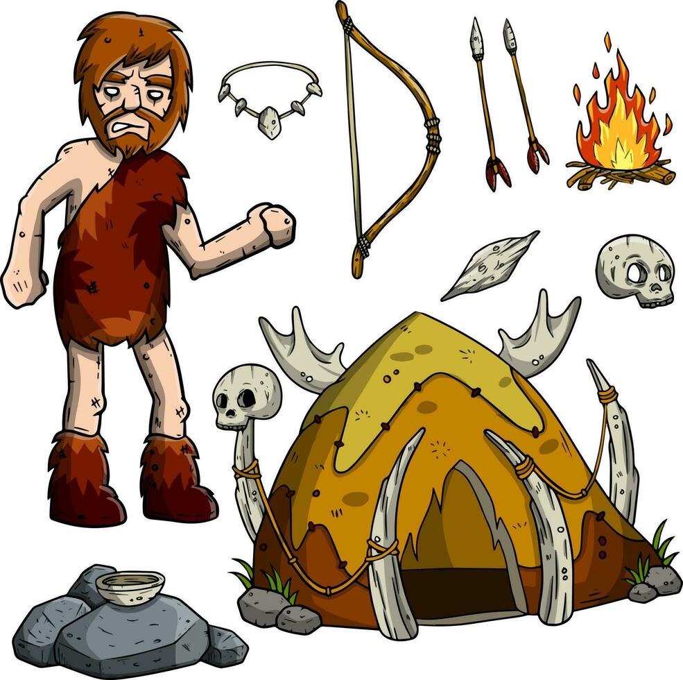 Primitive caveman. Prehistoric hunter. Stone age. Set of cartoon object vector