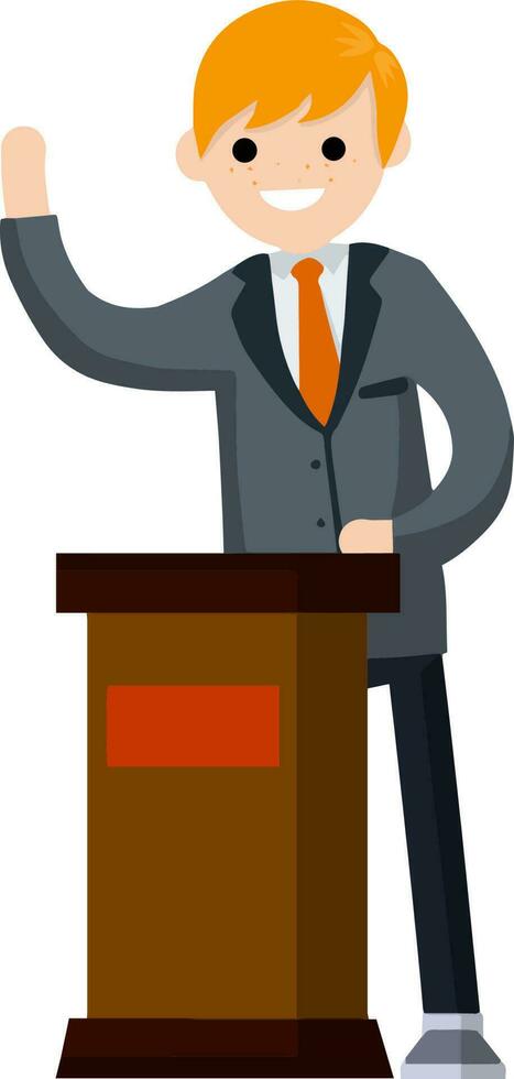 Man in the suit stay behind podium. Presidential election. Political debate. Lecturer in class. The speaker is talking. Dialogue businessman. Cartoon flat illustration vector