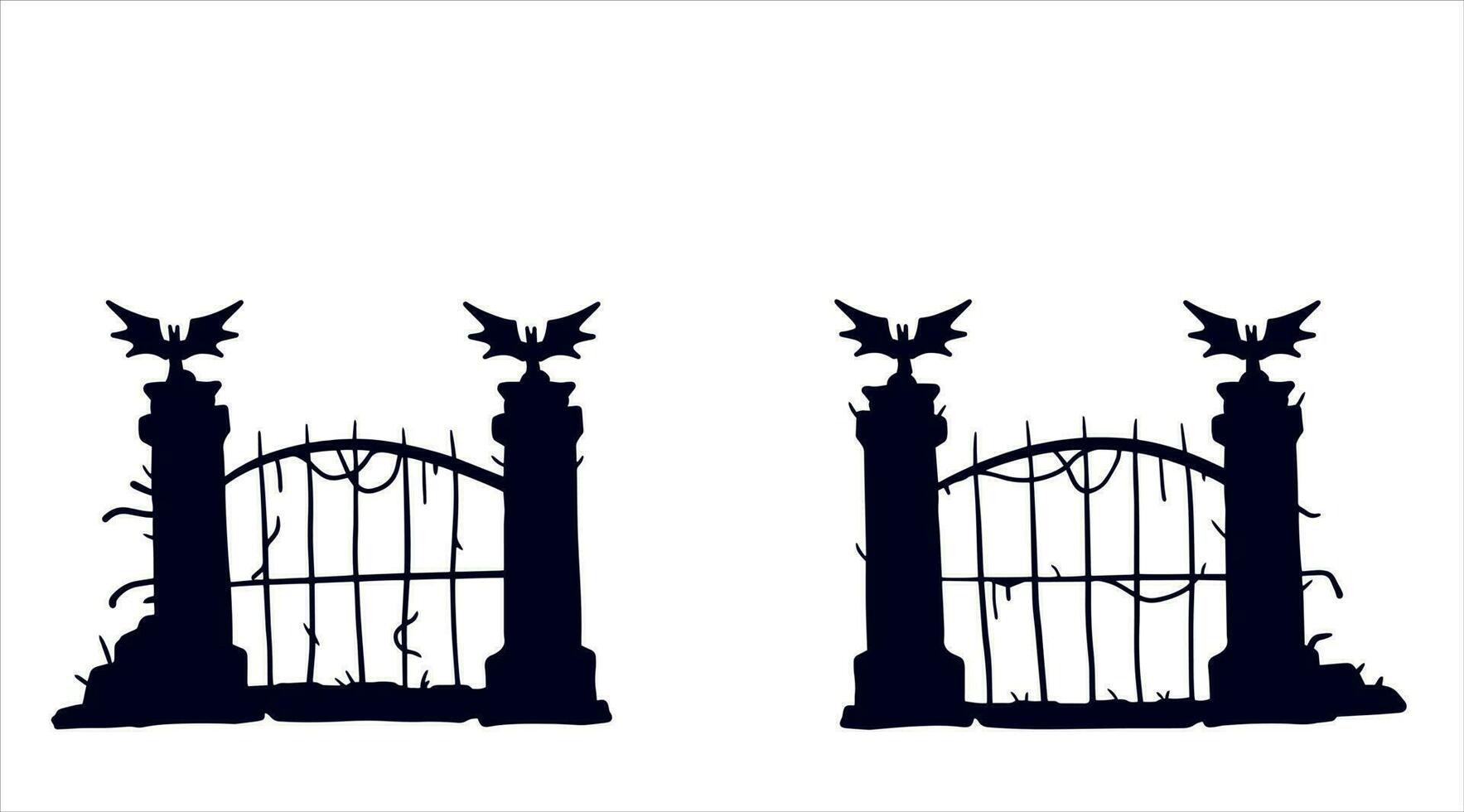 Old fence of cemetery. Halloween decoration. Black silhouette of gloomy wall. Flat illustration isolated on white vector