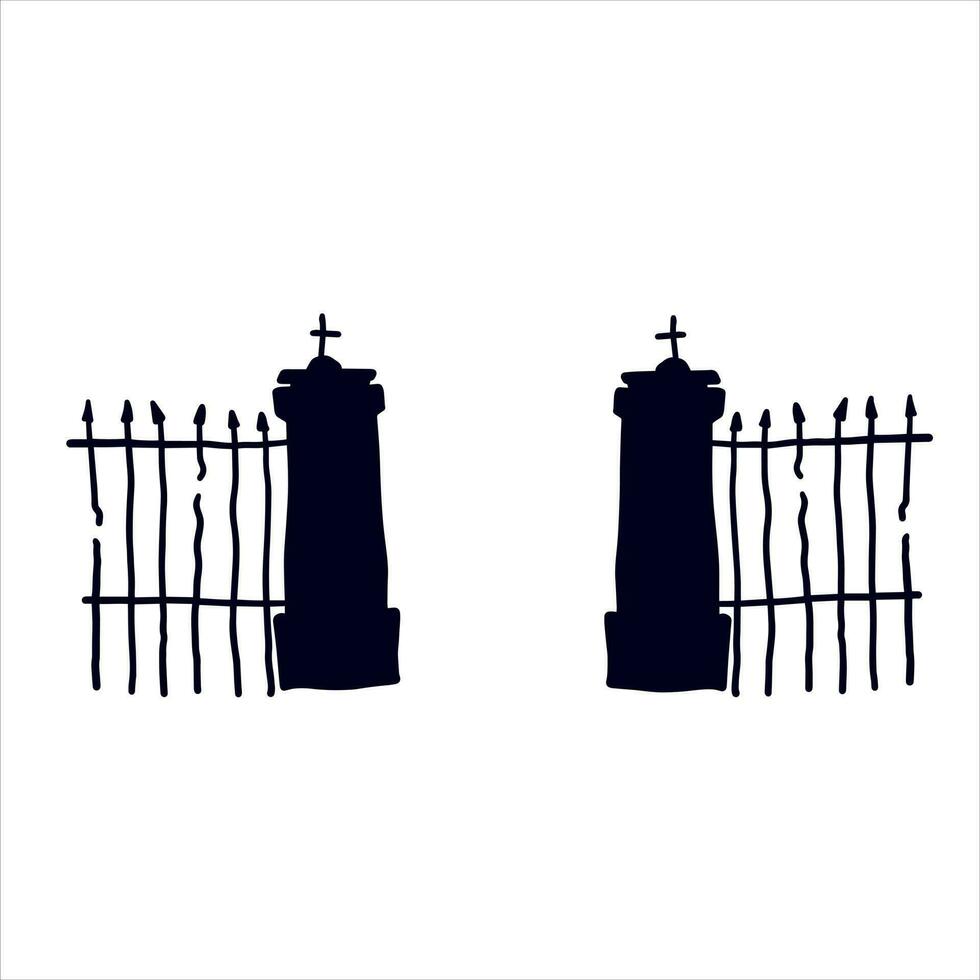 Old fence of cemetery. Halloween decoration. Black silhouette of gloomy wall. Flat illustration isolated on white vector