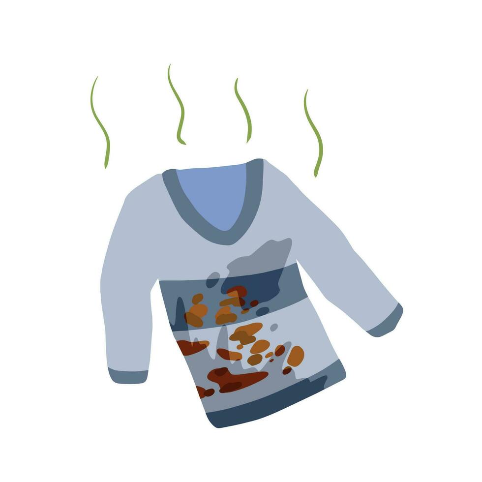 Dirty jacket or cardigan. Warm men clothes need washing. Stains and dirt. Laundry Element. Flat cartoon illustration isolated on white background vector
