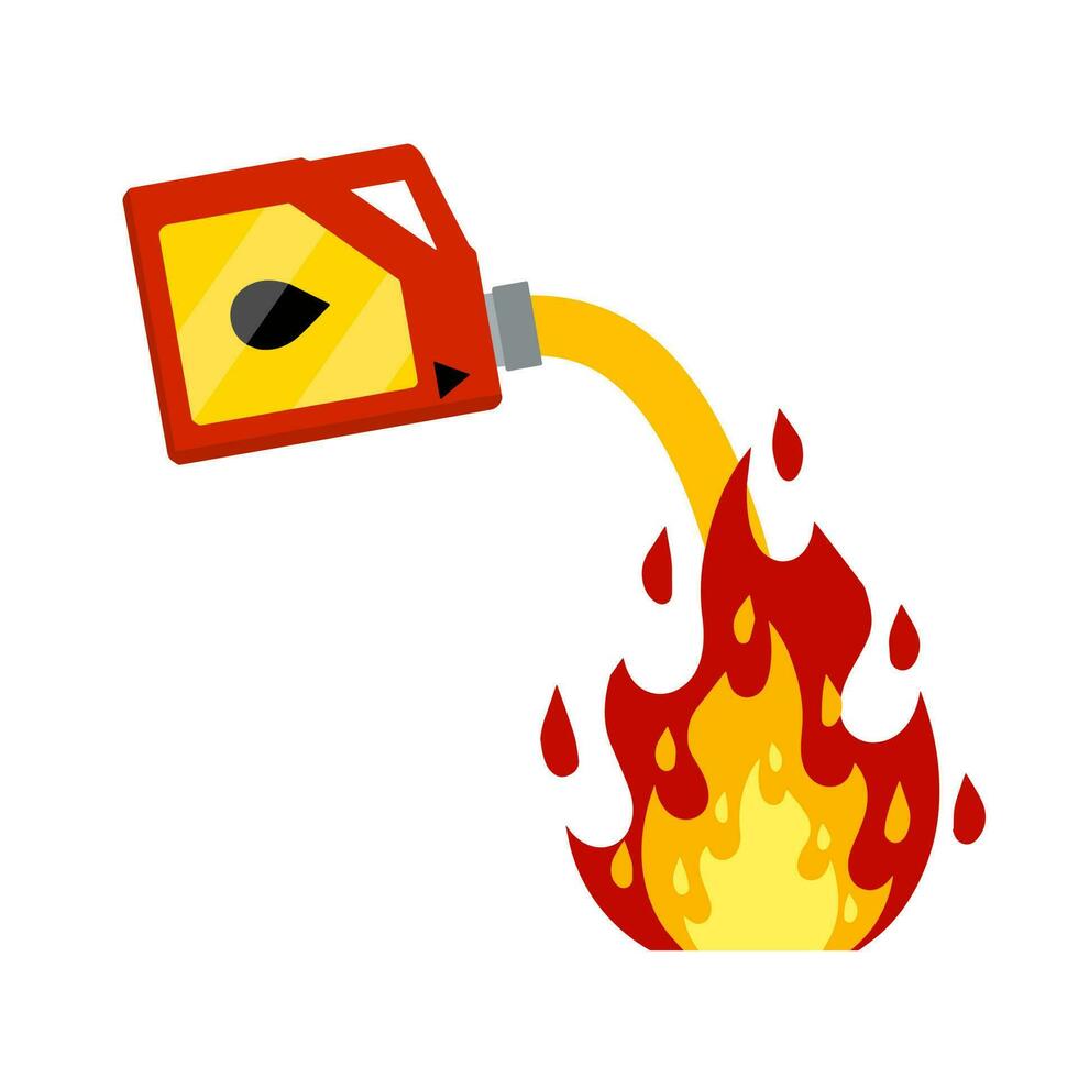 Canister with fuel. Red gas tank. Flammable object. Danger and fire. Watering a Dangerous flame. Flat cartoon icon illustration isolated on white background. Container with oil vector