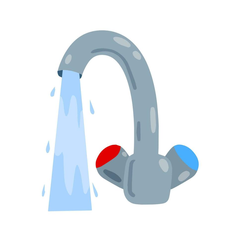 Tap with running water jet. Plumbing in kitchen and bathroom. Flow and stream of blue liquid. Flat cartoon vector