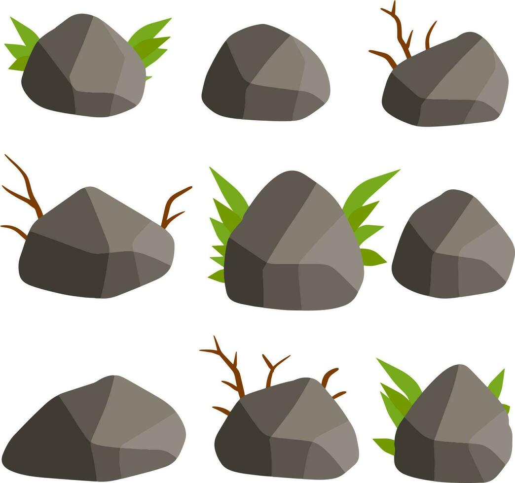 Set of stones for the background. Forest and mountain environment. Gray cobblestone with moss and grass. Granite on white background vector