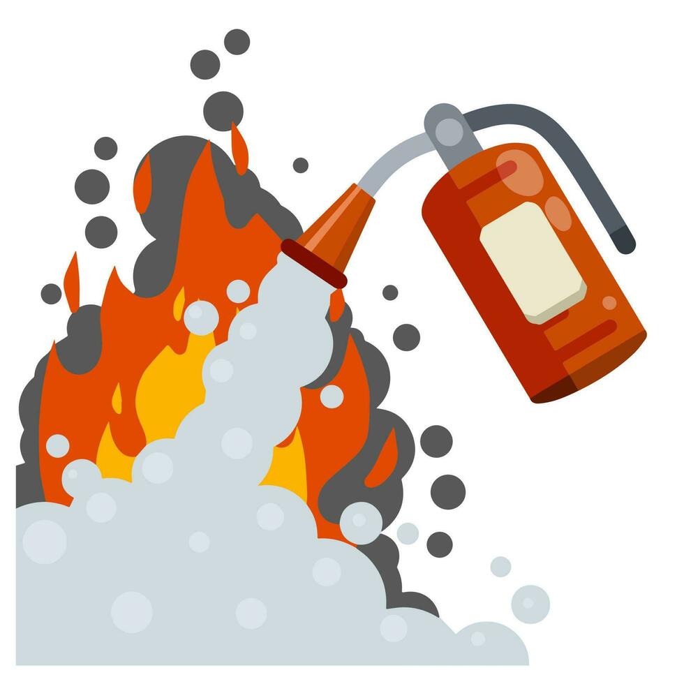 Extinguisher. Fireman tool. Red cylinder. Flat cartoon illustration. Smoke, flame and foam. Big fire vector