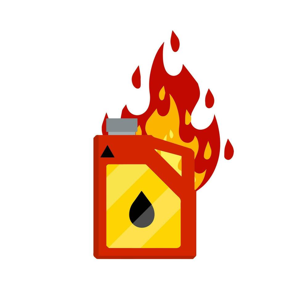 Canister with fuel. Red gas tank. Flammable object. Danger and fire. Dangerous flames. Flat cartoon icon illustration isolated on white background. Container with oil vector