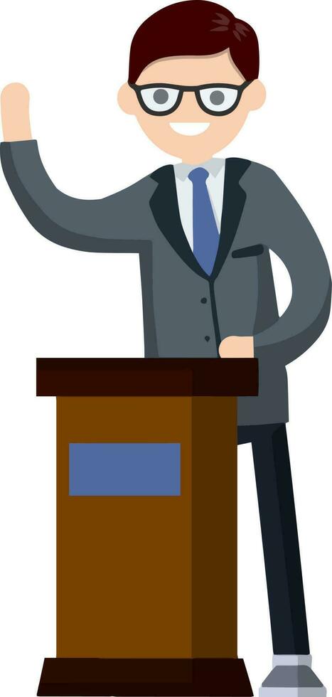 Man in the suit stay behind podium. Presidential election. Political debate. Lecturer in class. The speaker is talking. Dialogue businessman. Cartoon flat illustration vector