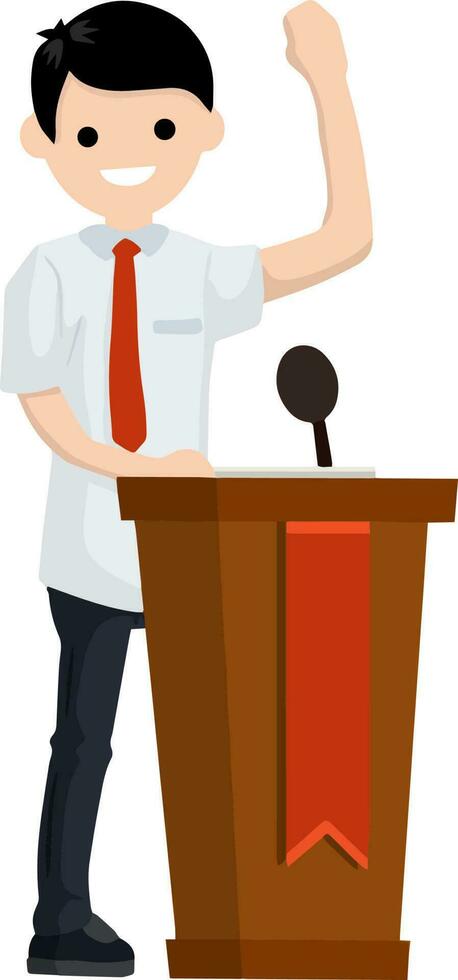 Man in the suit stay behind podium. Presidential election. Political debate. Lecturer in class. The speaker is talking. Dialogue businessman. Cartoon flat illustration vector