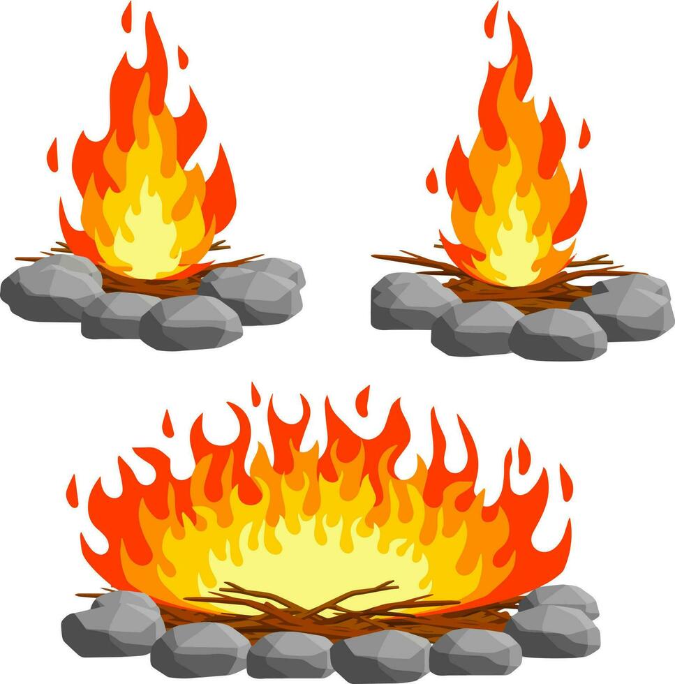 Red campfire. Orange flame. Tourist bonfire. Element of a hike. Heat and hot object. Fire lined with stones. Cartoon flat illustration vector