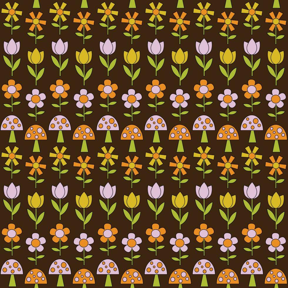 mushroom and flower mod seamless pattern on brown background vector