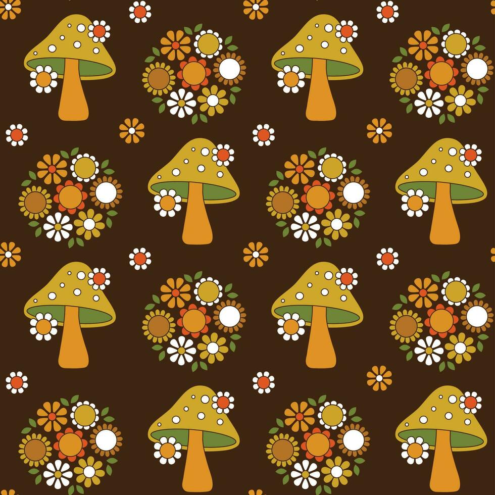 mushroom and floral seamless pattern on brown background vector