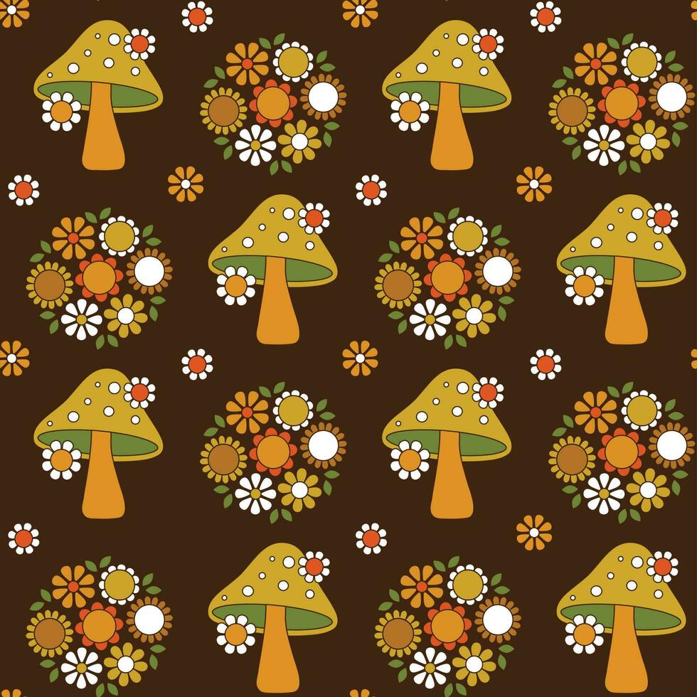 mushroom and floral seamless pattern on brown background vector