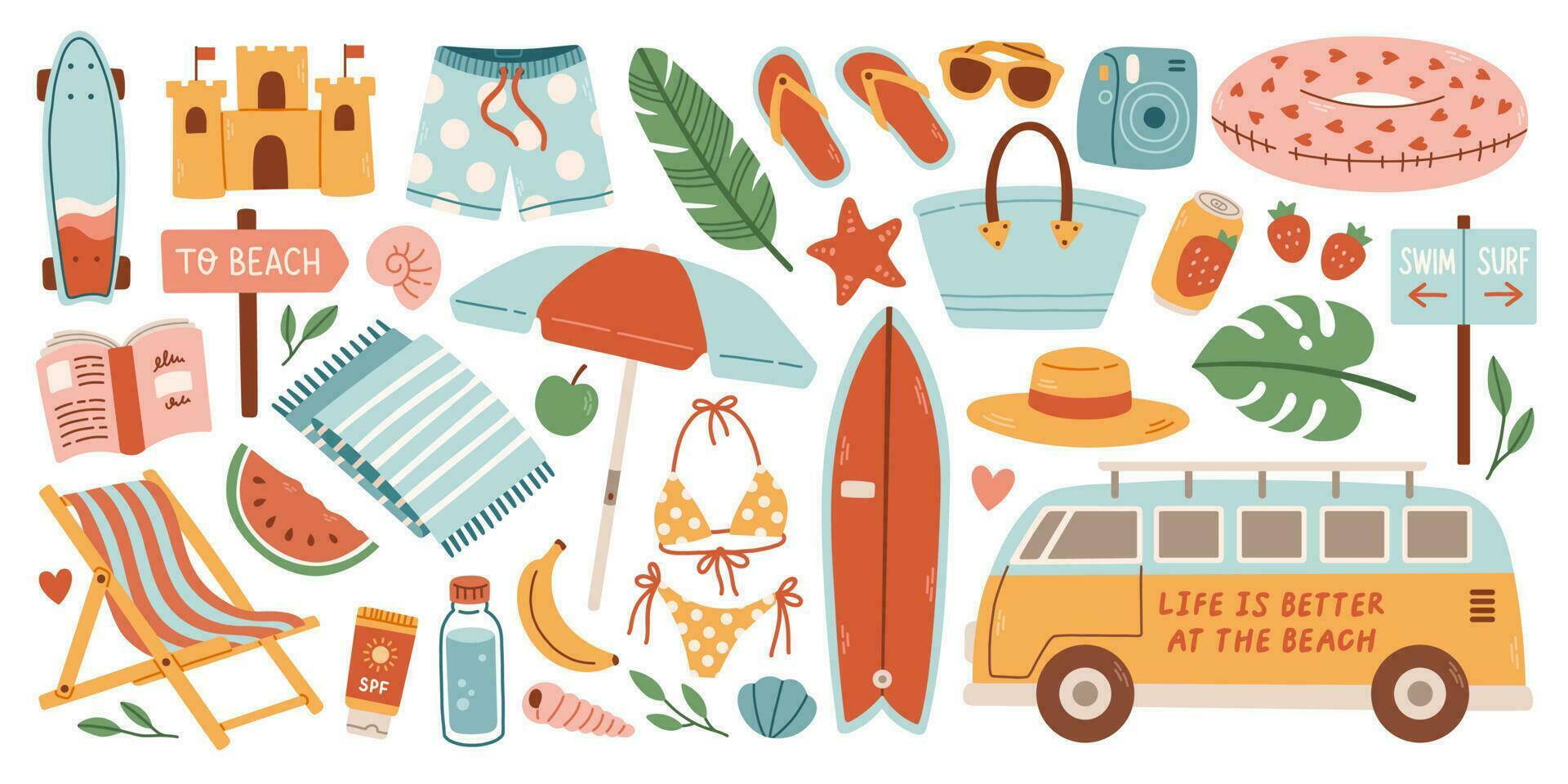 Cute Summer Stickers Set for daily planner. Collection of scrapbooking elements for beach party. Tropical vacation. Vector illustration isolated on white background. Vector illustration