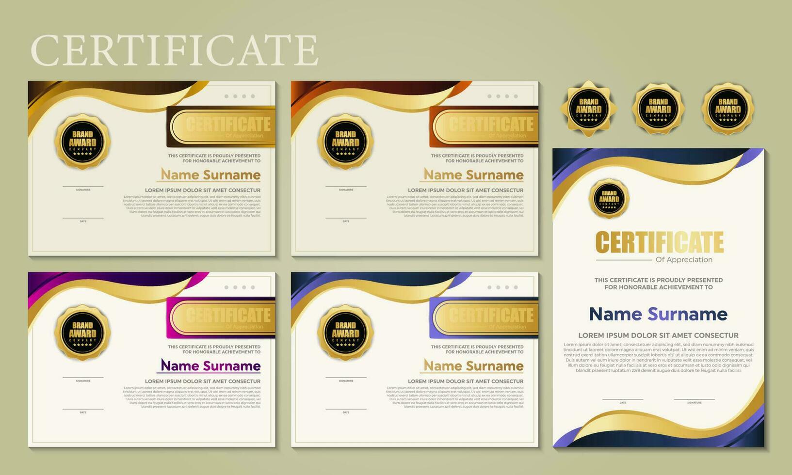 Award template certificate, gold color and blue gradient. Contains a modern certificate with a gold badge. vector
