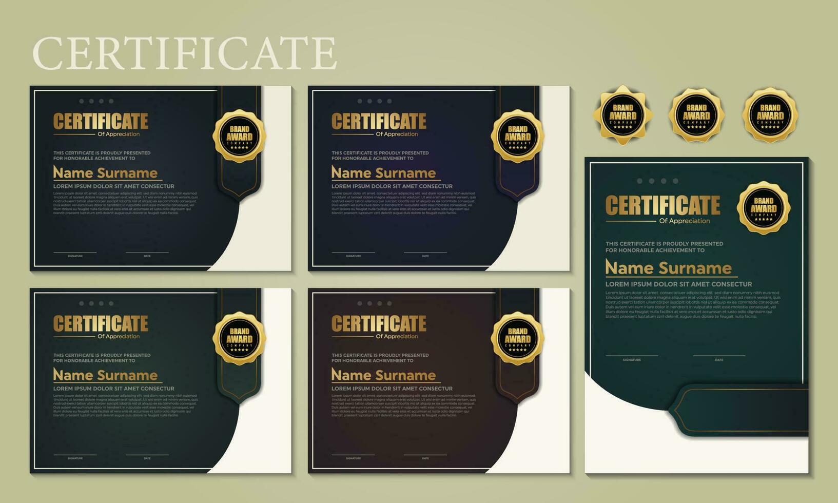 Award template certificate, gold color and blue gradient. Contains a modern certificate with a gold badge. vector