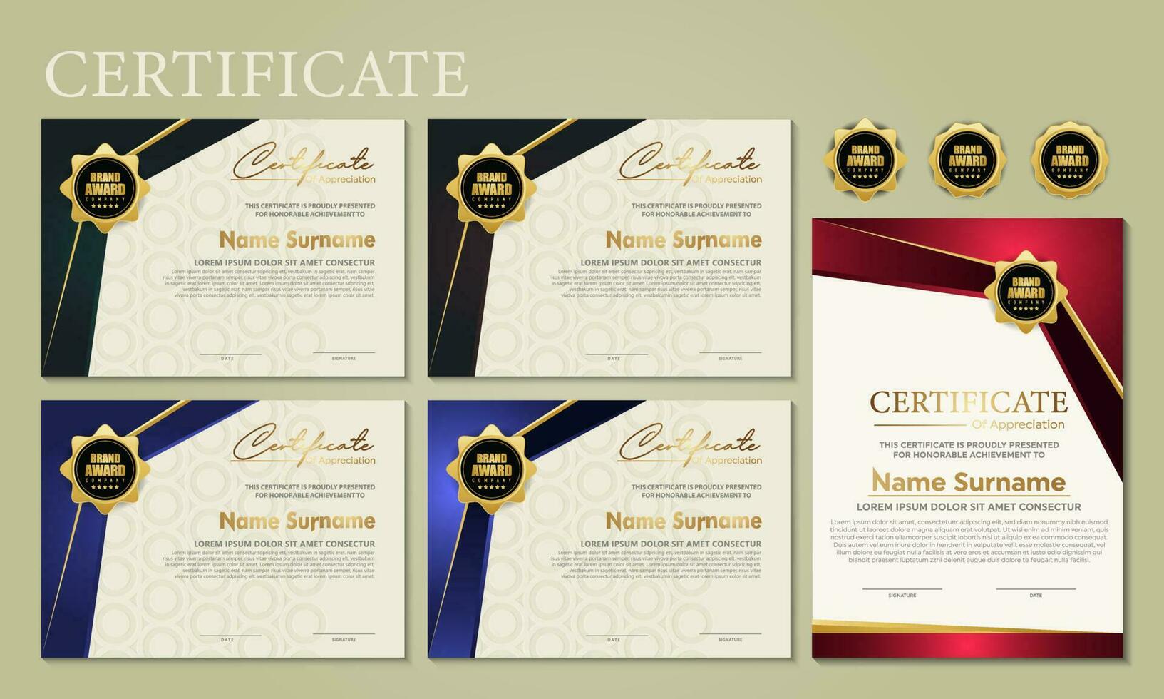 Award template certificate, gold color and blue gradient. Contains a modern certificate with a gold badge. vector