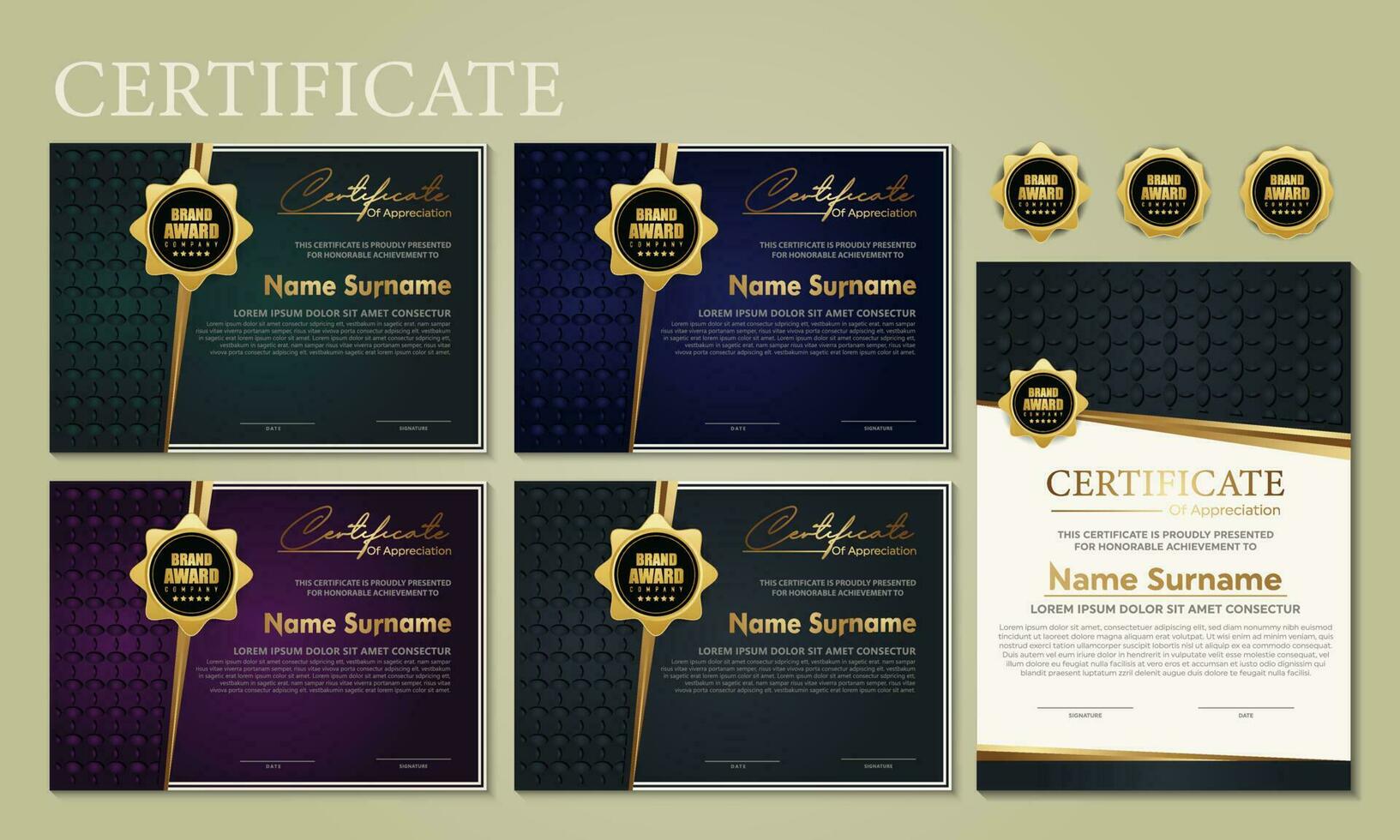 Award template certificate, gold color and blue gradient. Contains a modern certificate with a gold badge. vector