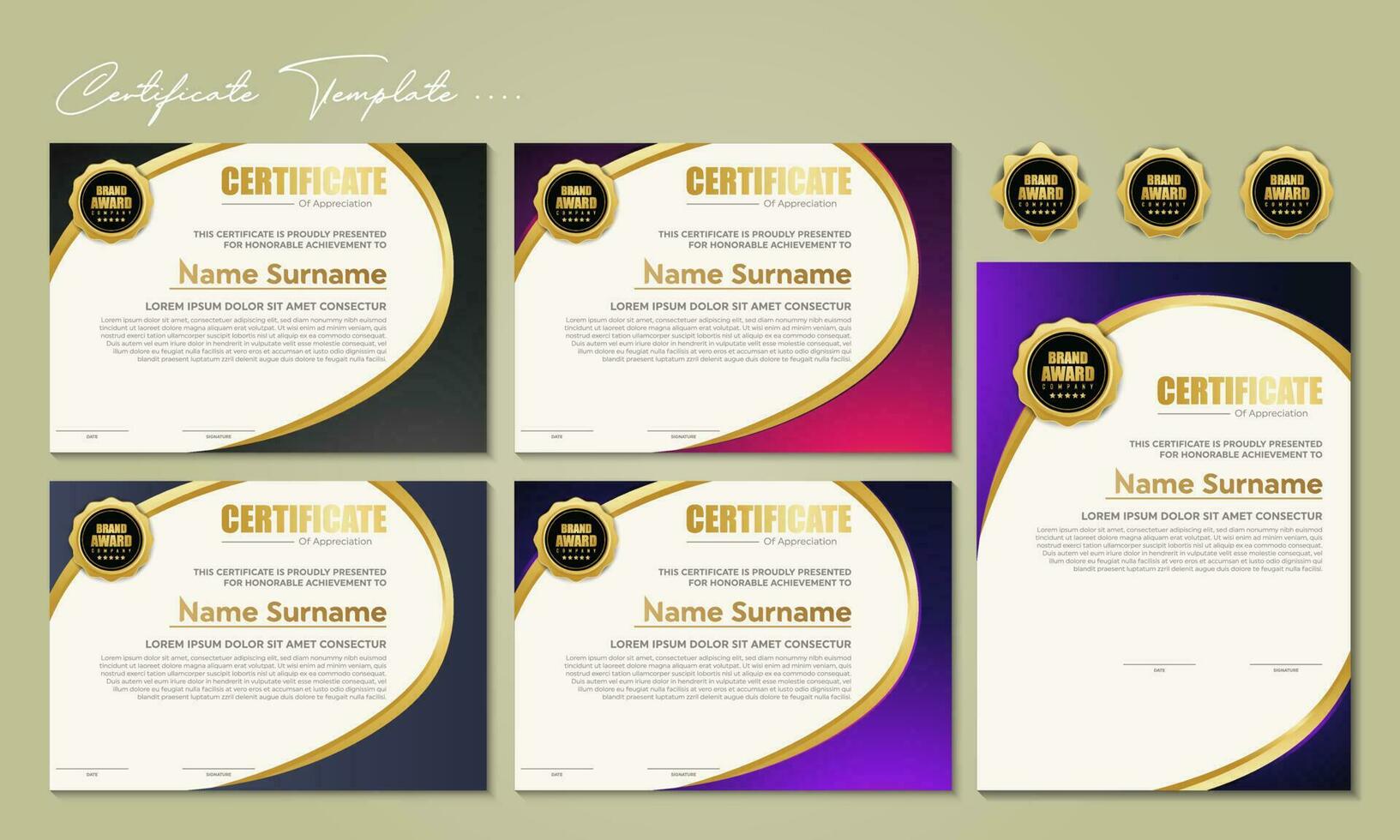 Award template certificate, gold color and blue gradient. Contains a modern certificate with a gold badge. vector