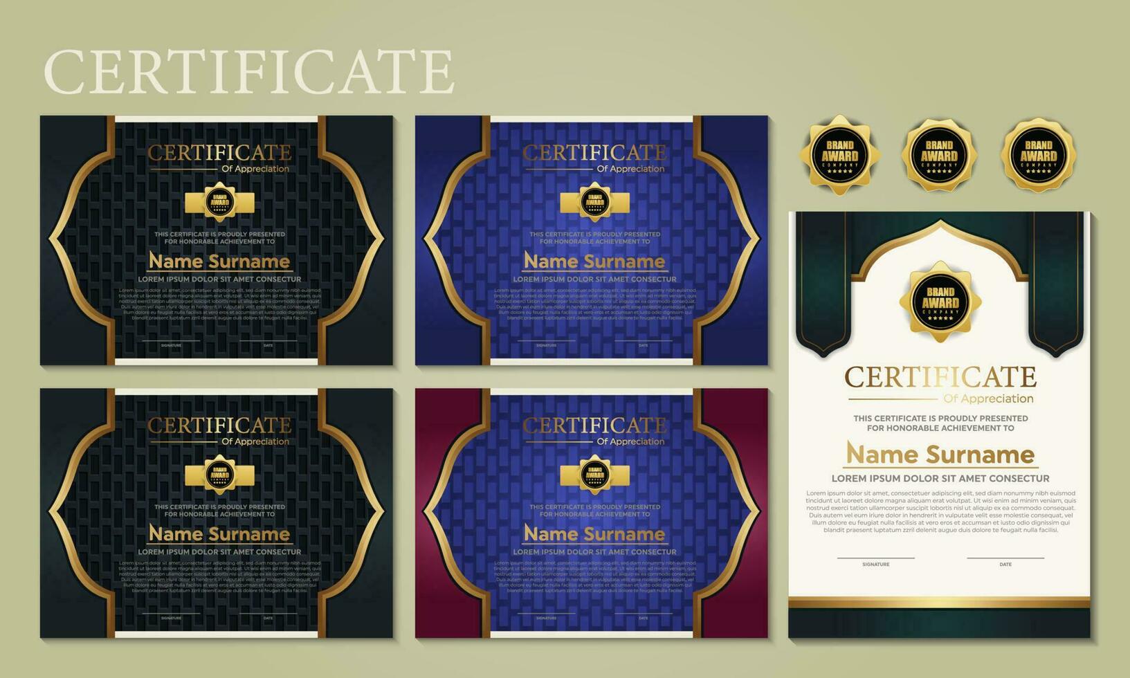 Award template certificate, gold color and blue gradient. Contains a modern certificate with a gold badge. vector
