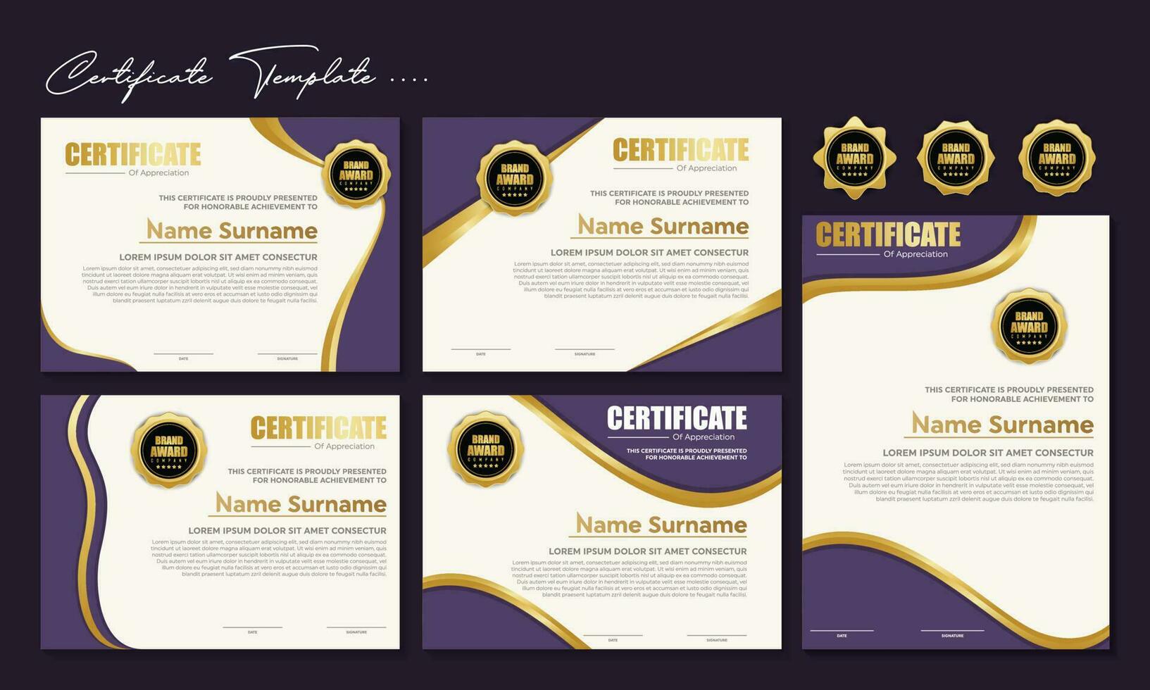 Award template certificate, gold color and blue gradient. Contains a modern certificate with a gold badge. vector