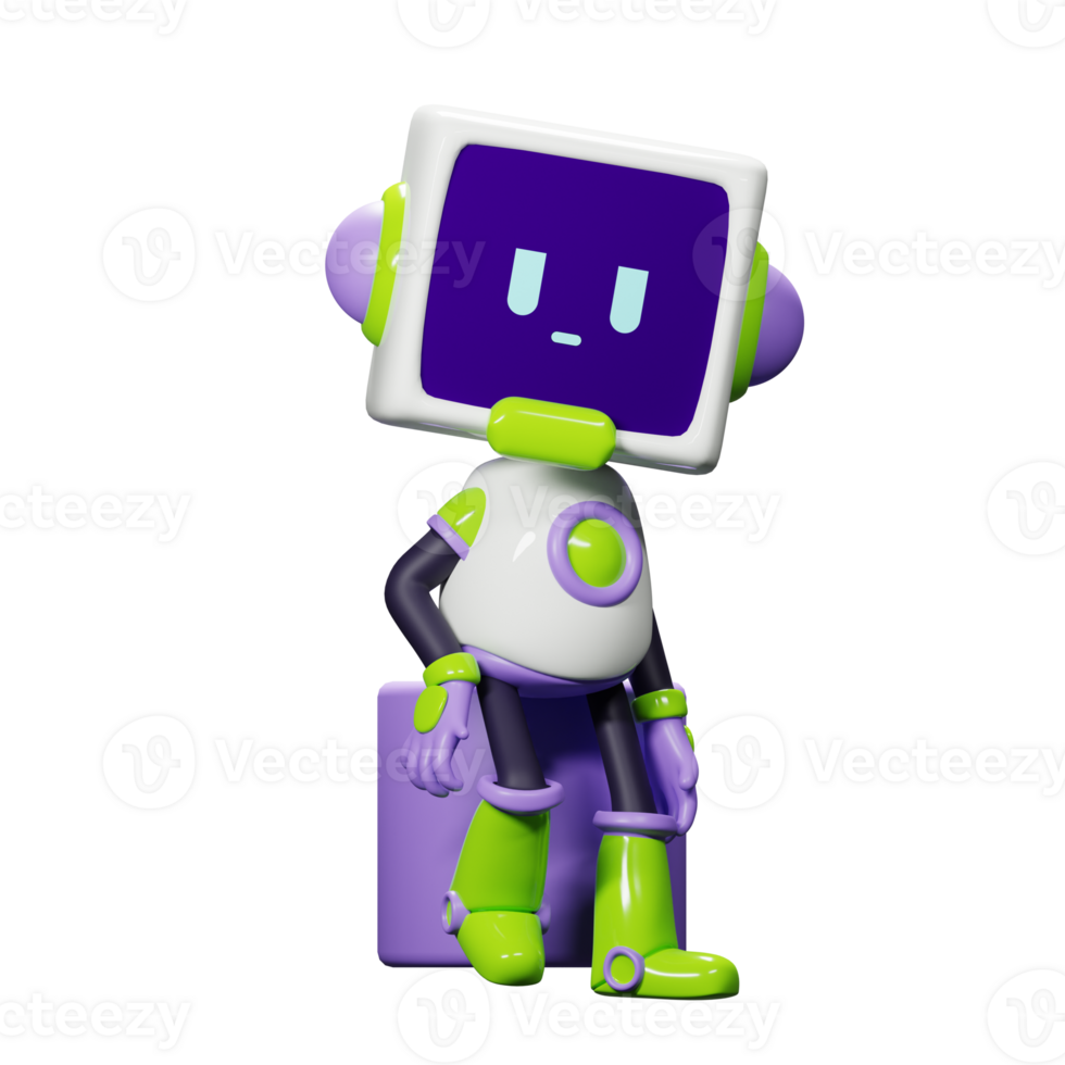 3D White Robot with Purple and green ornament png