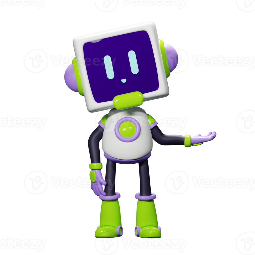 3D White Robot with Purple and green ornament png