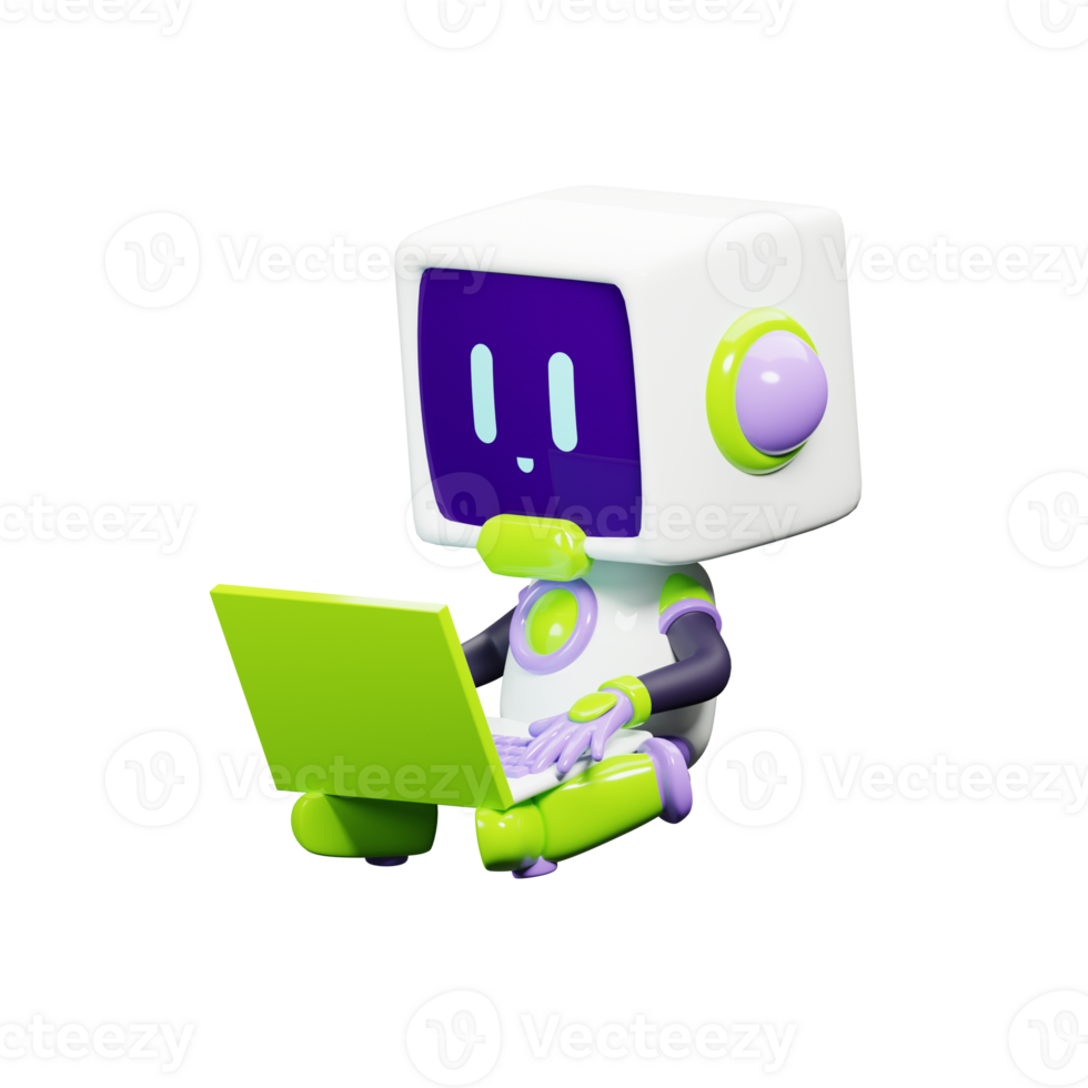 3D White Robot with Purple and green ornament png