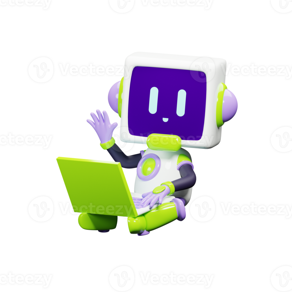 3D White Robot with Purple and green ornament png