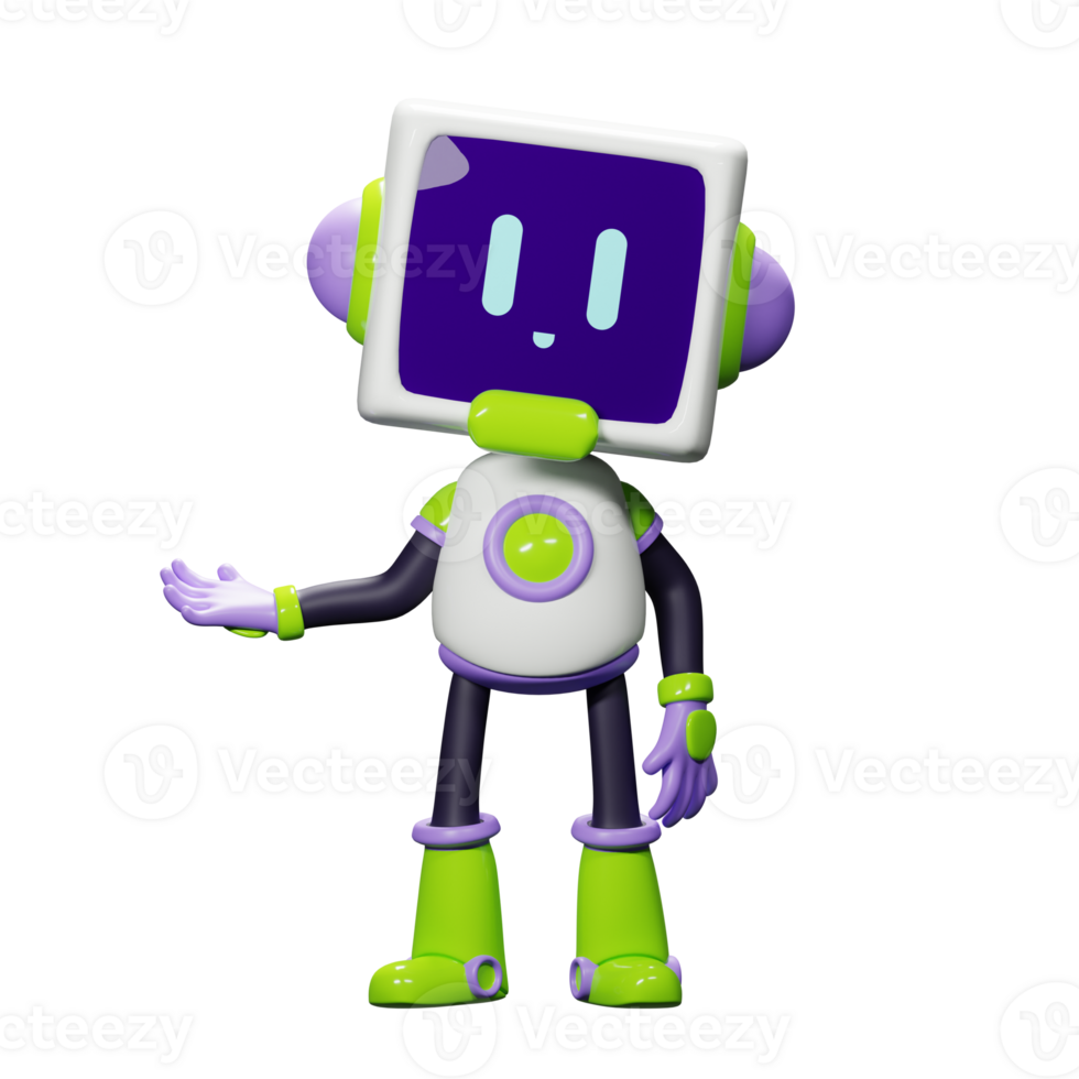 3D White Robot with Purple and green ornament png