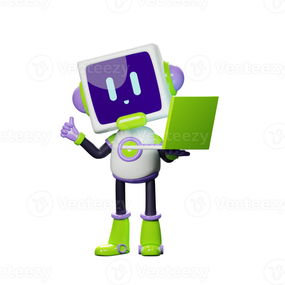 3D White Robot with Purple and green ornament png