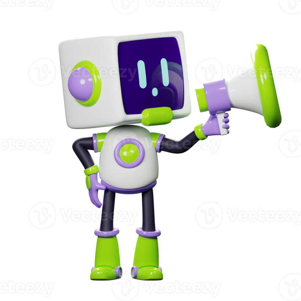 3D White Robot with Purple and green ornament png