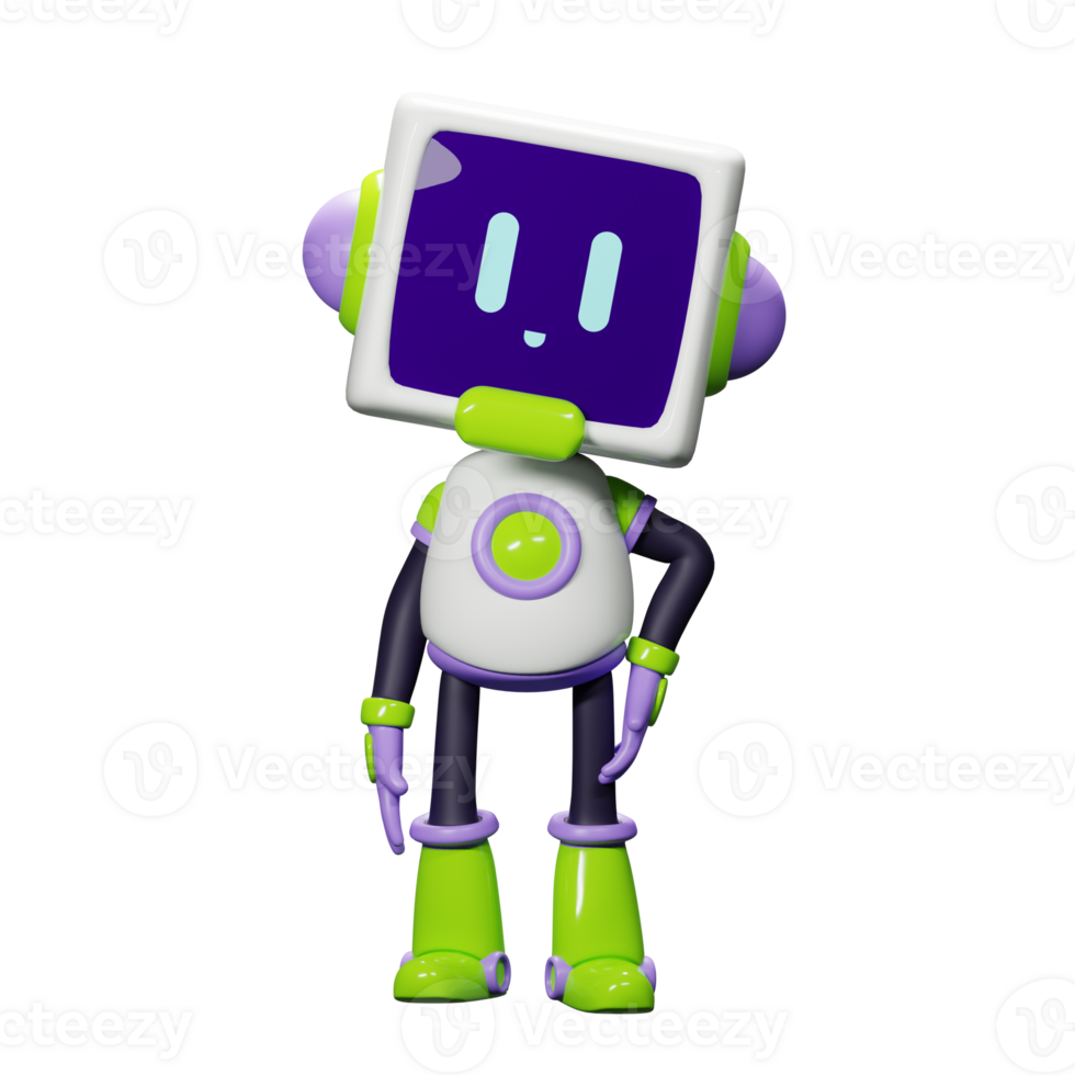3D White Robot with Purple and green ornament png
