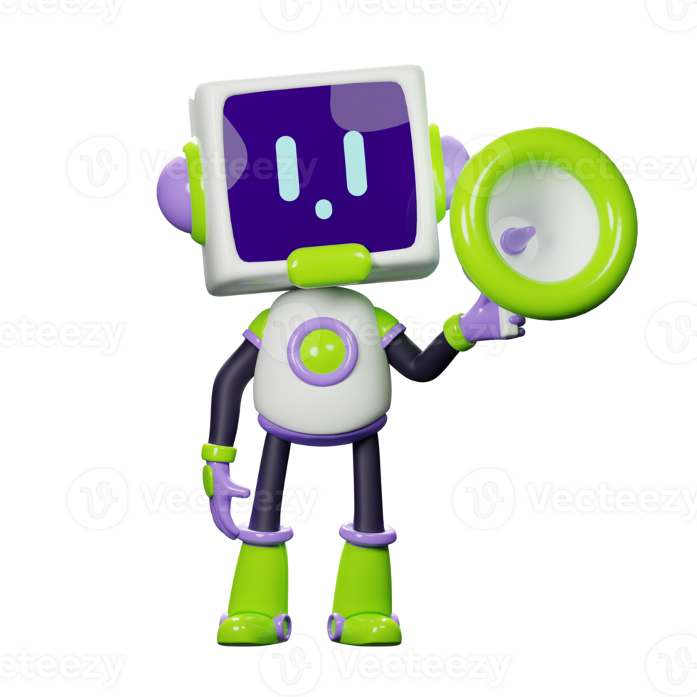 3D White Robot with Purple and green ornament png