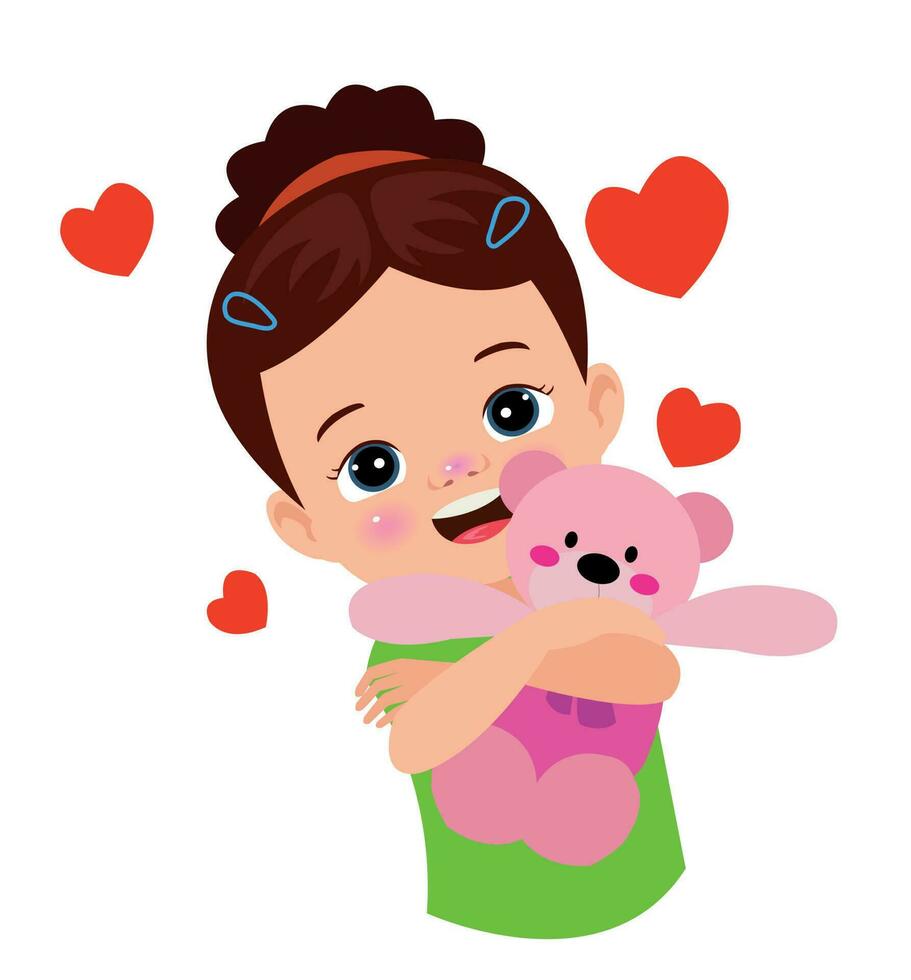un niña participación un rosado osito de peluche oso con rojo corazones en su cabeza. vector