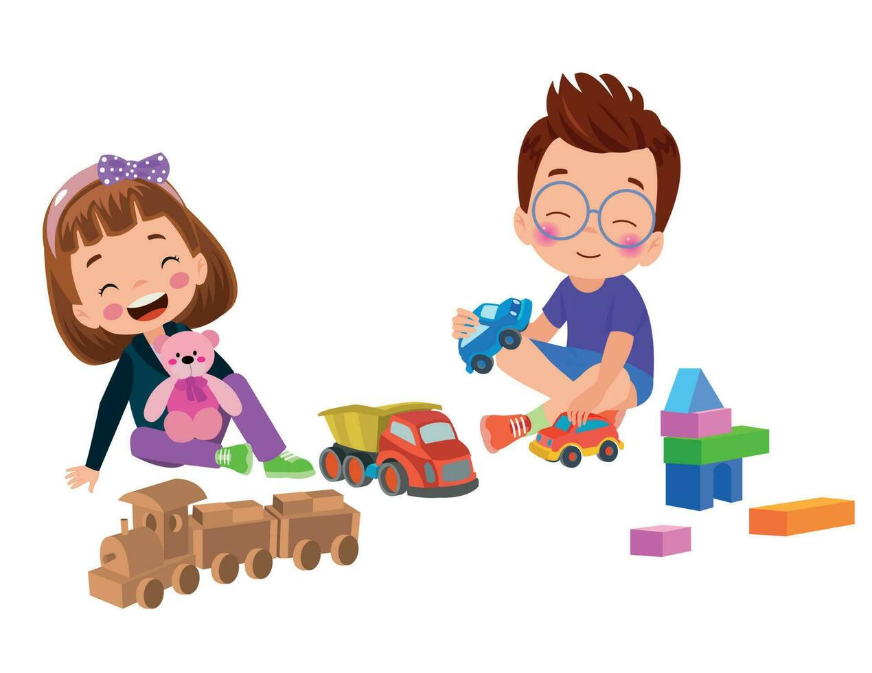 A boy and girl playing with toys and a teddy bear vector