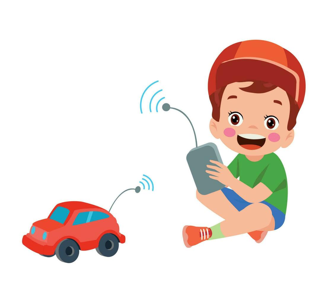 chico jugando con un juguete coche y un coche vector