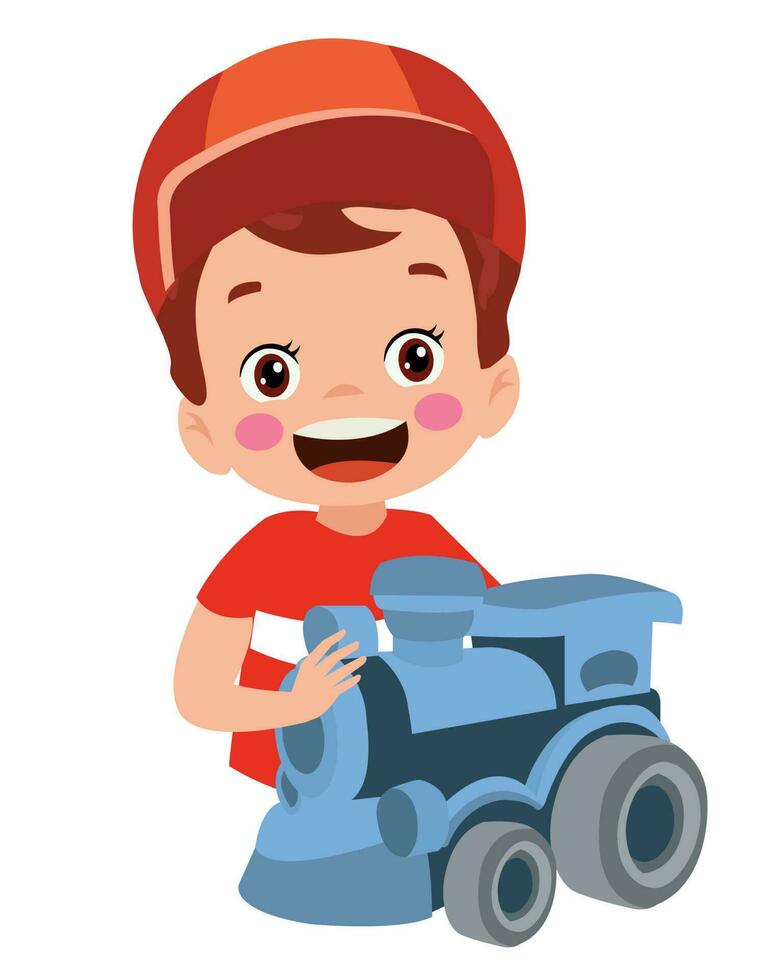 Little boy playing with a toy train vector