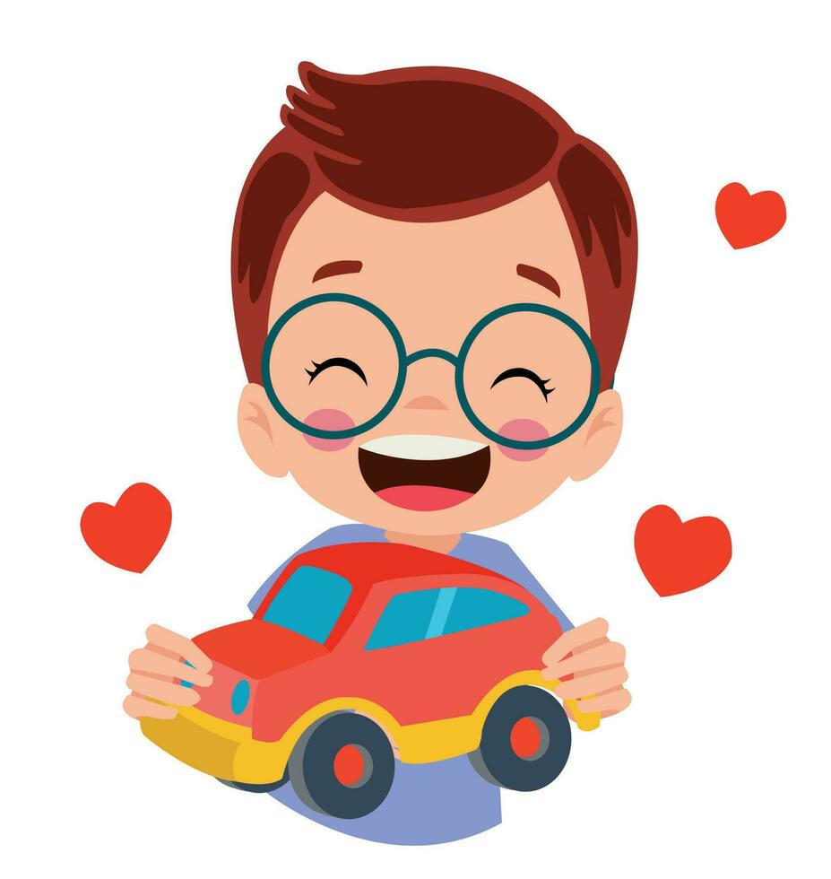 Boy holding a red car and hearts on his chest vector