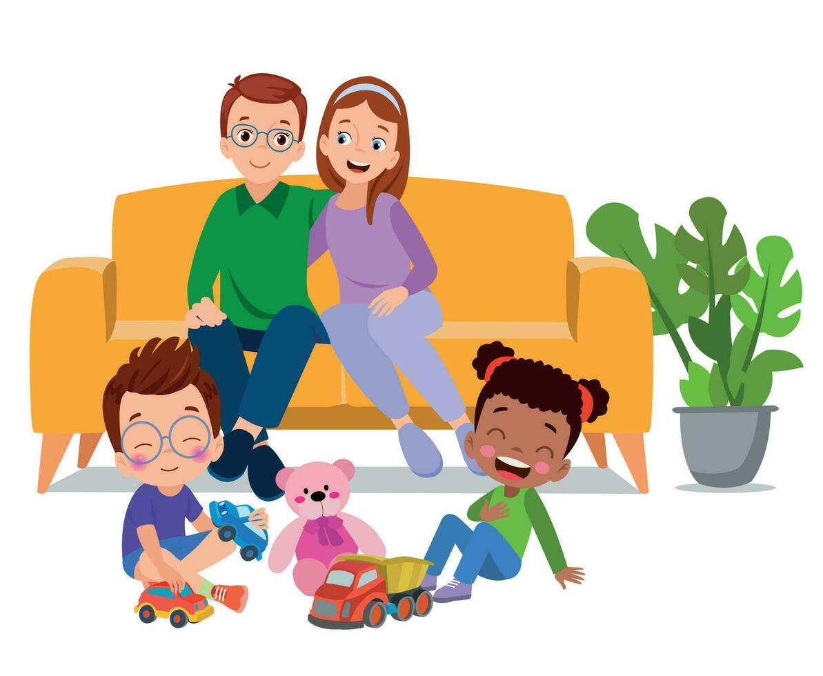 A family sitting on the floor with toys and a cat vector