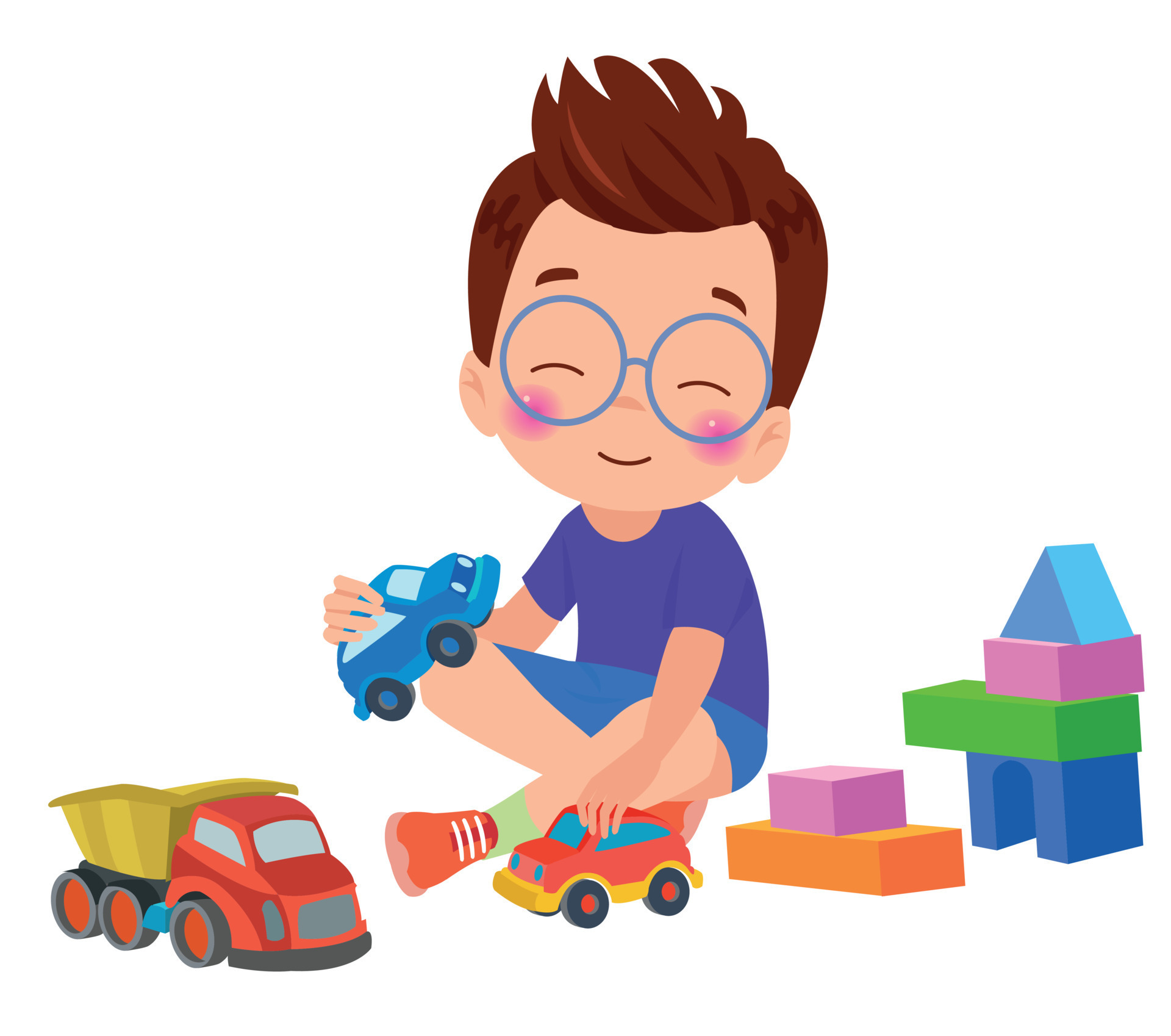 A boy playing with toy cars and a house made of blocks. 23405509 Vector