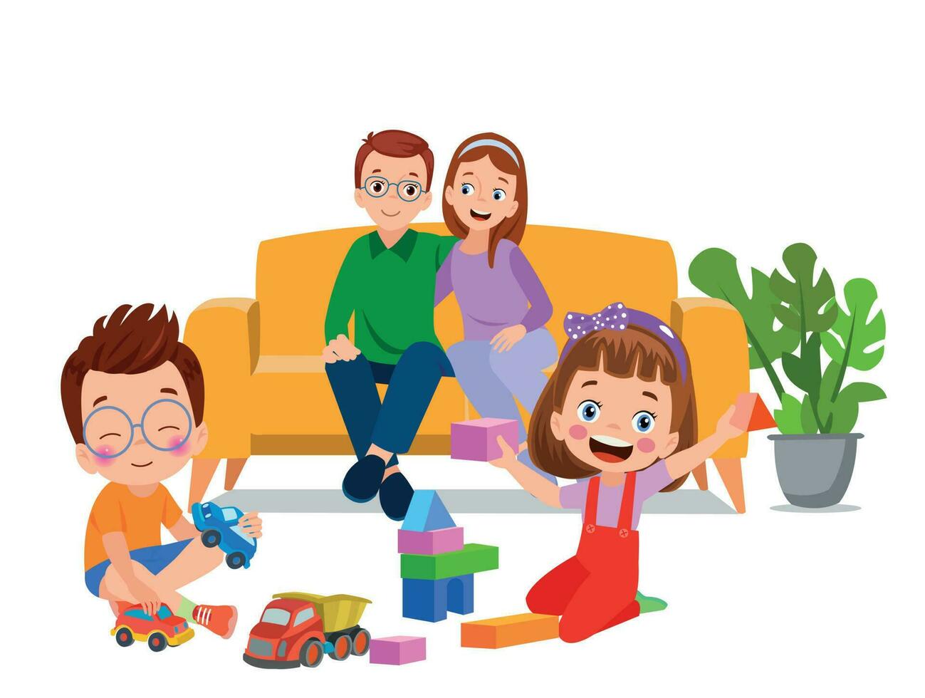 A family playing with toys in the living room. vector