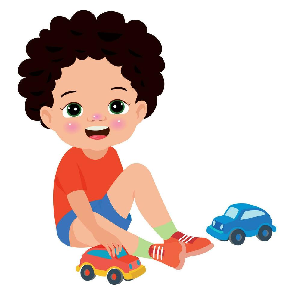 Little boy playing with a toy car on a white background vector